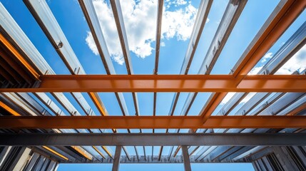 Steel framework supporting concrete construction with clear blue sky and clouds in the background demonstrating modern architecture techniques