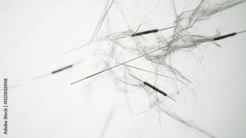 Aufkleber abstract composition of sewing needles entangled with threads on a clean white background showcasing