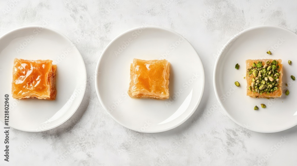 Poster Assorted baklava varieties on white plates with pistachio topping against a neutral background creating an inviting dessert presentation