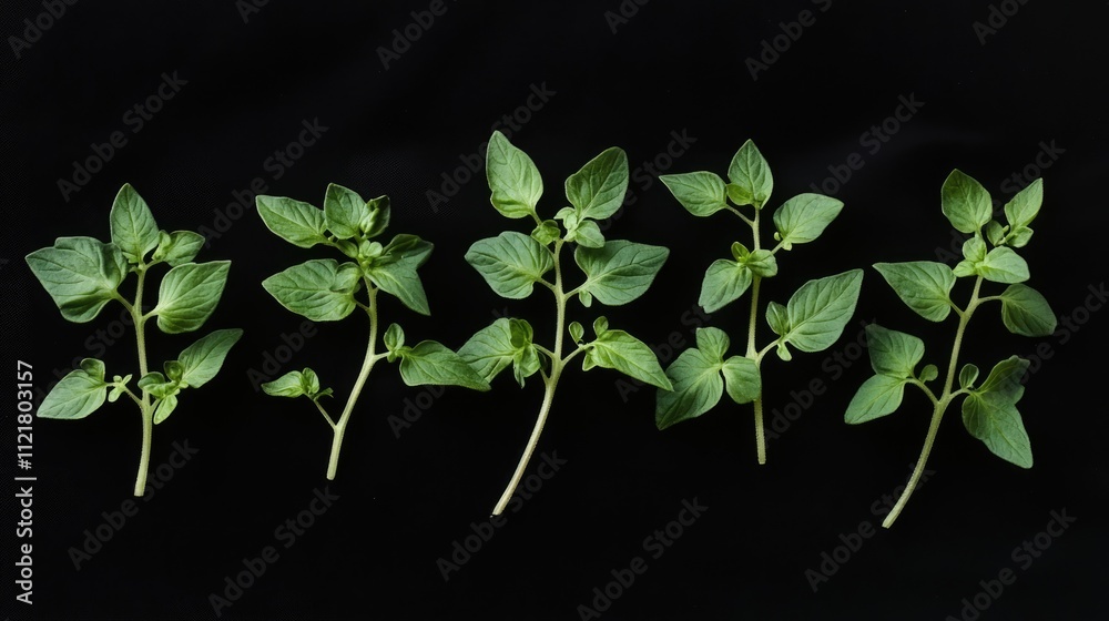 Aufkleber tomato seedling leaves arranged in a top view showcasing their intricate shapes and vibrant green co