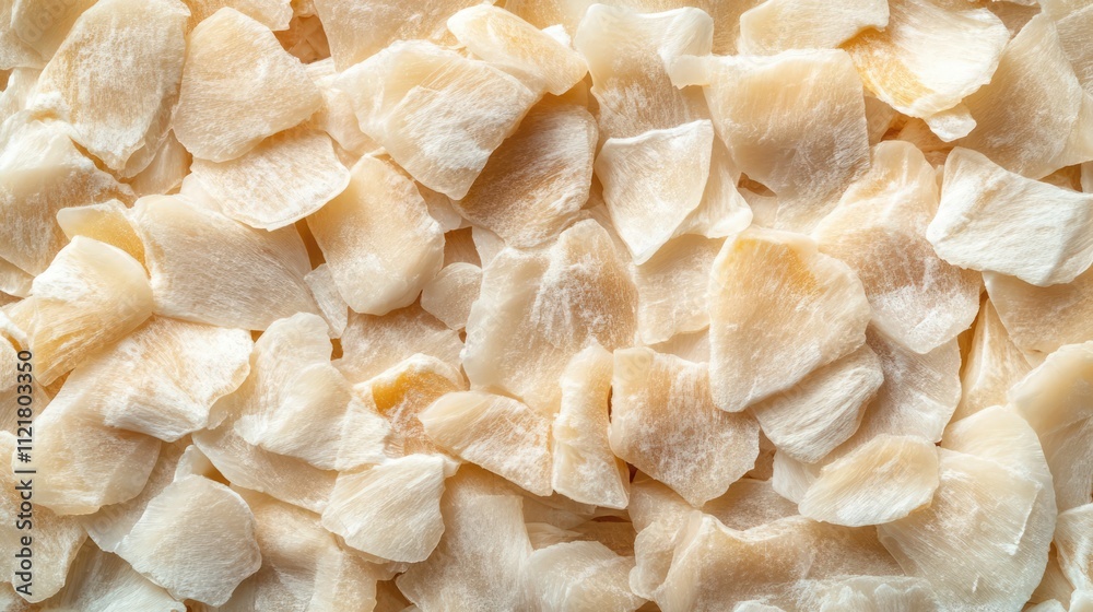 Poster top view of scattered salted cod fillet slices on a wooden counter background for culinary and food 