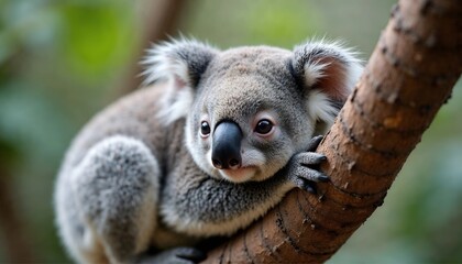 Obraz premium Koala perched on a tree branch with a curious expression in a natural setting