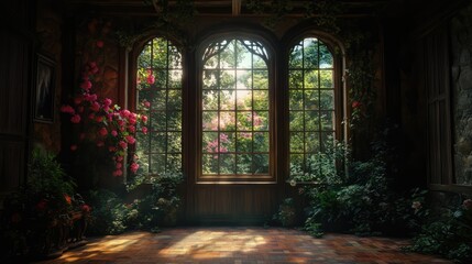 Fototapeta premium Serene Sunlit Garden View Through Large Vintage Windows Framed by Lush Plants and Flowers in a Cozy Indoor Space