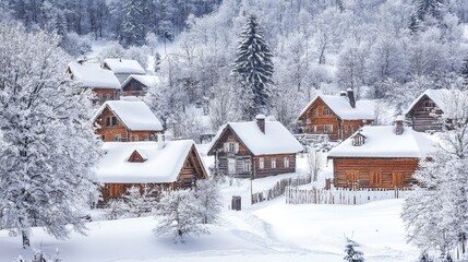 Fototapeta premium Snowy landscape featuring traditional wooden houses in a Russian village surrounded by frosty trees and winter scenery