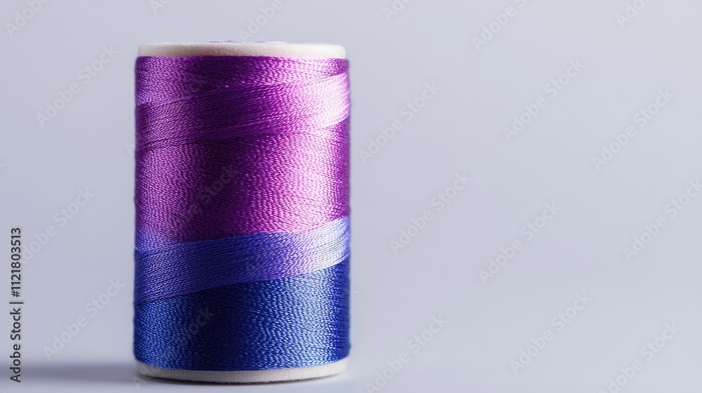 Poster colorful thread spool with purple and blue gradients isolated on light background for sewing and cra