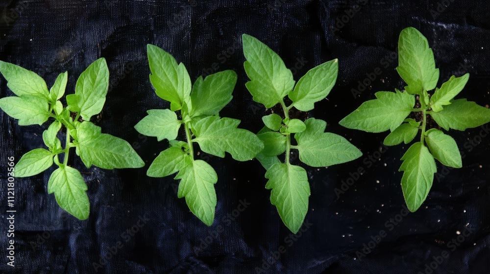 Aufkleber tomato seedlings displaying healthy leaf shapes from a top view on a dark background for gardening a