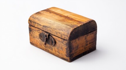 Rustic wooden box with metal latch on a clean white backdrop showcasing vintage design and craftsmanship for decorative purposes.