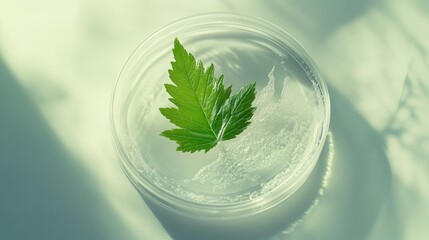 Top view of petri dish containing clear gel and fresh green leaf symbolizing cosmetic research and natural ingredient exploration