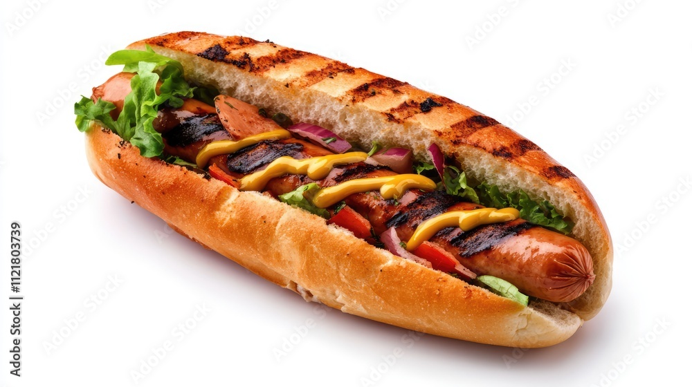 Poster grilled hotdog with mustard lettuce and tomatoes in a toasted bun isolated on a white background