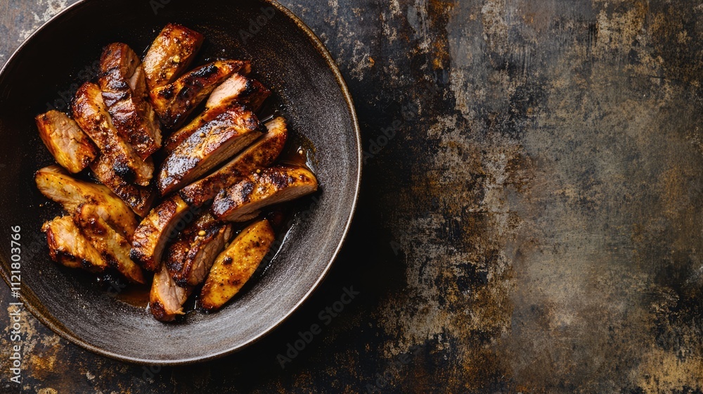 Poster grilled thinly sliced pork pieces beautifully presented in a rustic ceramic bowl on a textured dark 