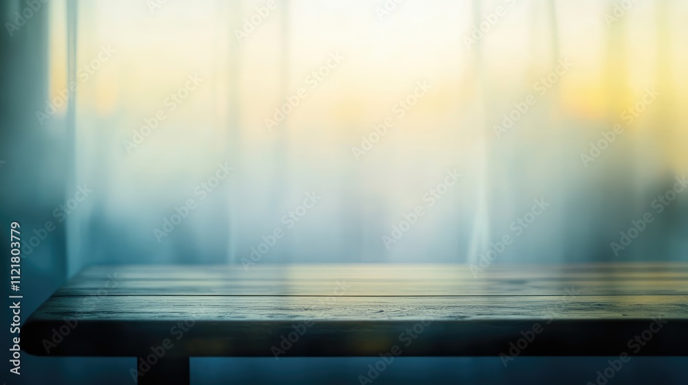 Poster Minimalist wooden tabletop with softly blurred curtain backdrop creating a serene and inviting dining atmosphere.
