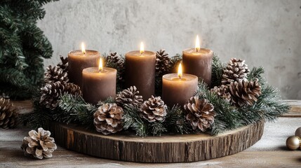 Festive candles glowing in a cozy Christmas wreath with pine cones on a rustic wooden table creating a warm winter holiday atmosphere
