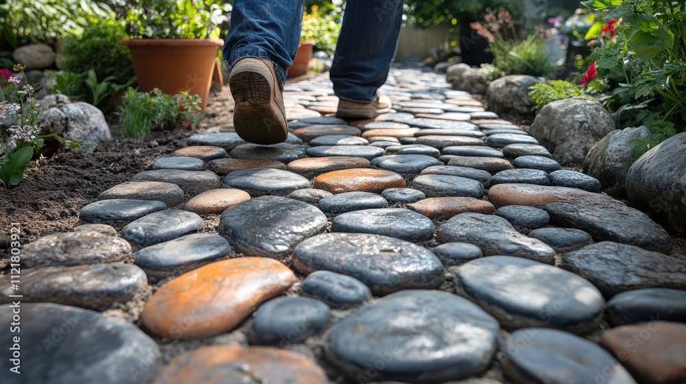 Poster decorative stone sidewalk installation in a lush garden setting with a person walking on uniquely sh