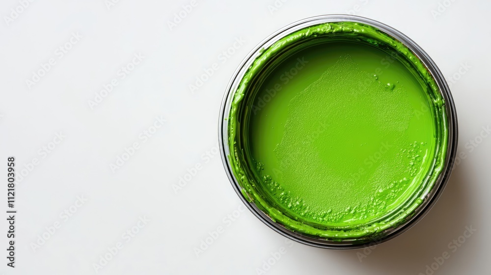 Poster Bright green paint in an open can on a clean white background showcasing vibrant color and texture for design and renovation concepts