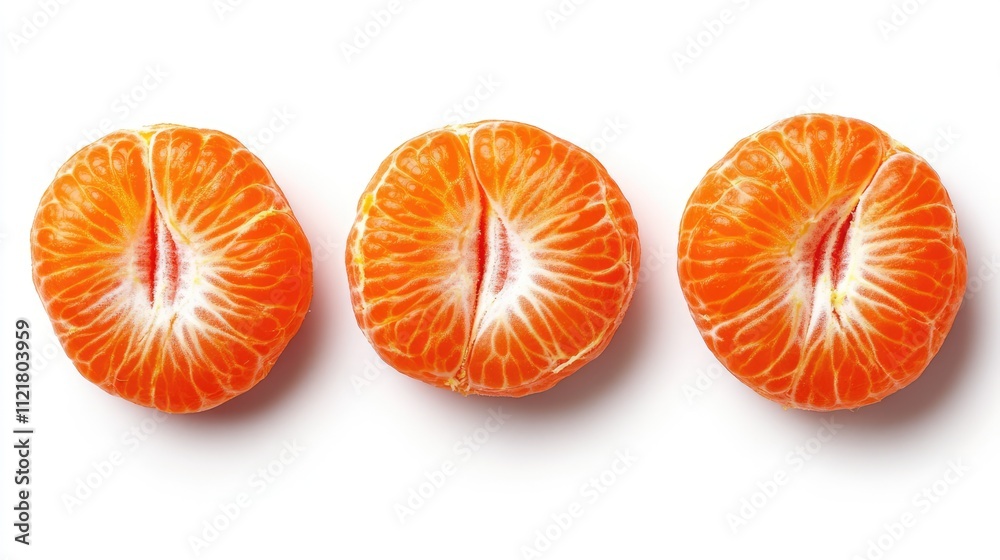 Poster three vibrant slices of tangerine arranged neatly on a clean white background showcasing their juicy