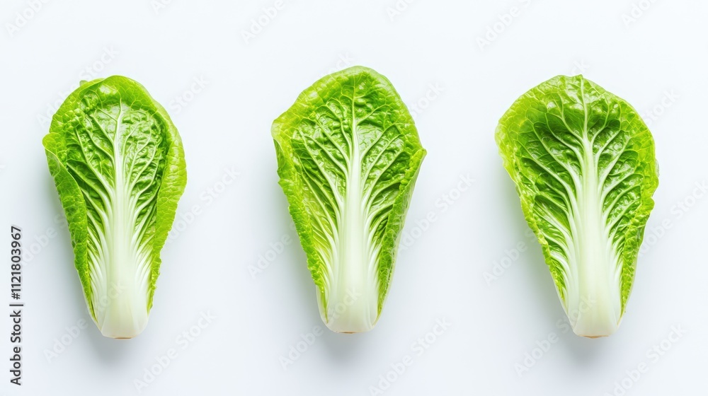 Poster fresh romaine lettuce heads arranged in a row isolated on a clean white background showcasing vibran