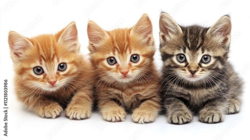 Aufkleber Kittens posing together in a playful trio showcasing various fur patterns and colors on a clean white background.