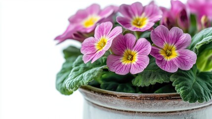 Close-up macro of vibrant pink primrose flowers in a decorative pot against a clean white background showcasing floral beauty and detail