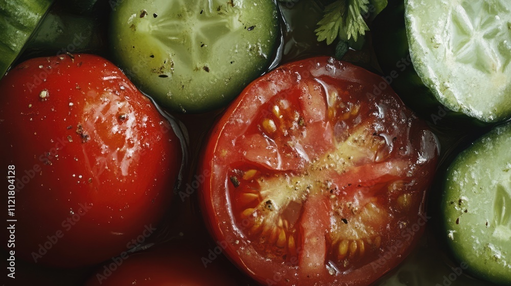 Poster fresh tomato and cucumber salad with vibrant colors and textures showcasing healthy ingredients perf