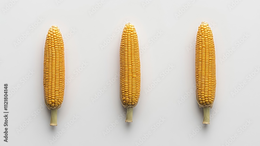 Poster fresh yellow corn cobs arranged in a row on a clean white background showcasing ripe natural produce