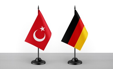 Image of the table flag of Turkey and Germany countries. White background. Close-up flags. High...
