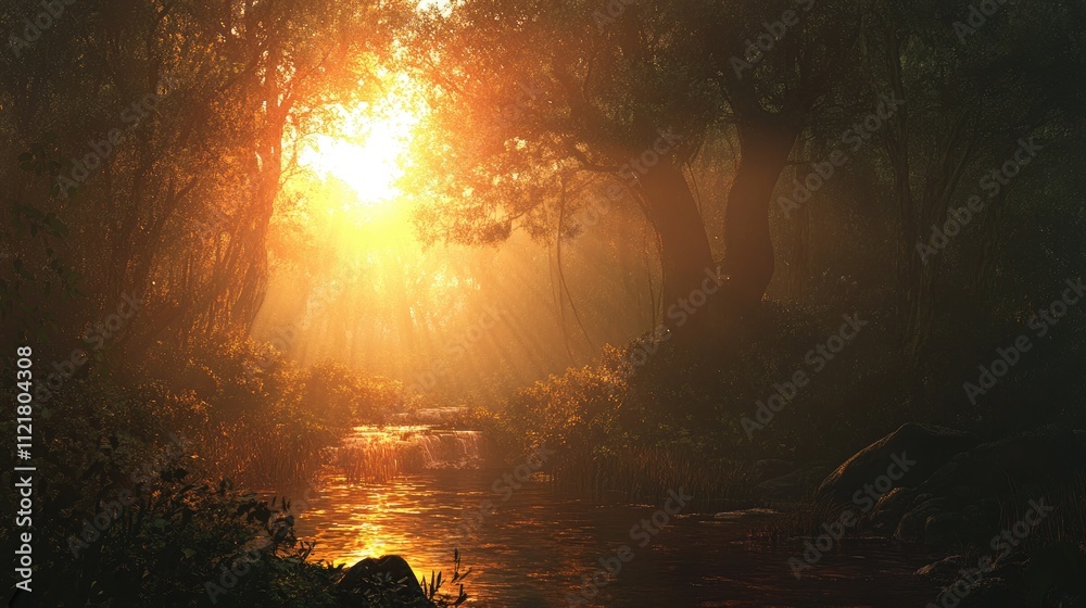 Aufkleber Golden sunlight filters through trees in a misty forest, illuminating a tranquil river and creating a serene, mystical atmosphere.
