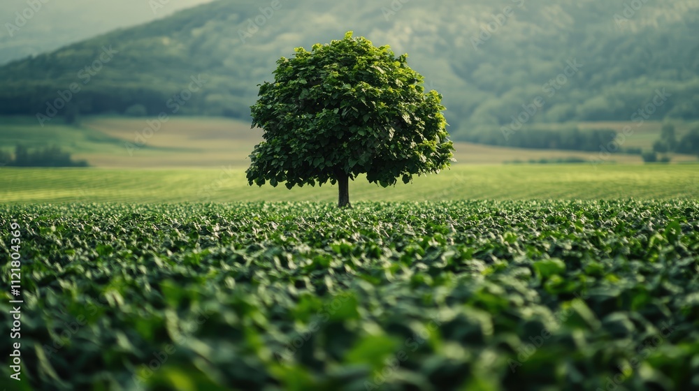 Aufkleber lush green tobacco fields with a solitary tree under a serene landscape showcasing tranquility and n