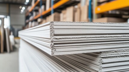 Enhanced gypsum board stack for sound insulation in indoor concrete wall construction at hardware store ready for project use