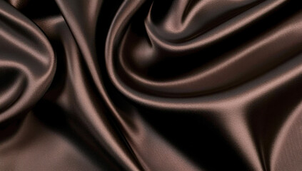 Fototapeta premium Beautiful chocolate brown silk background. Luxury elegant smooth silk satin material with soft draperies and wavy folds. Top view