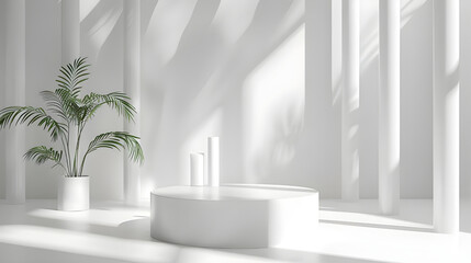 Minimalist white room with plant, round podium, and sunlight.