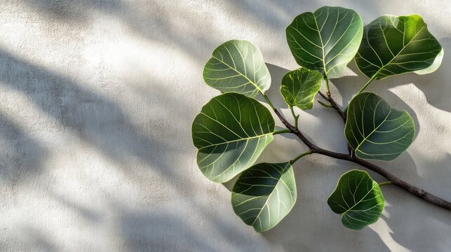 Climbing Fig Leaves Against a Concrete Wall with Sunlight Shadows Highlighting Their Vibrant Green Color
