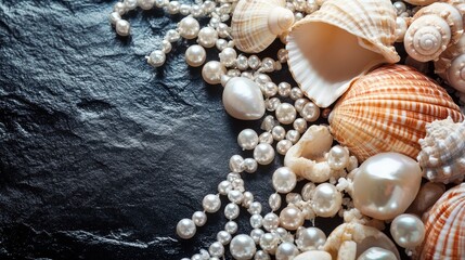 Fototapeta premium Sea shells and pearls arranged on a dark surface with ample space for text or design elements in a stylish composition