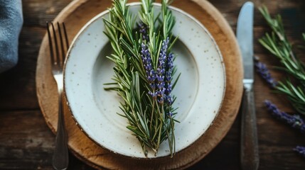 Rustic table setting with fresh rosemary and lavender on a ceramic plate showcasing natural elegance and culinary inspiration