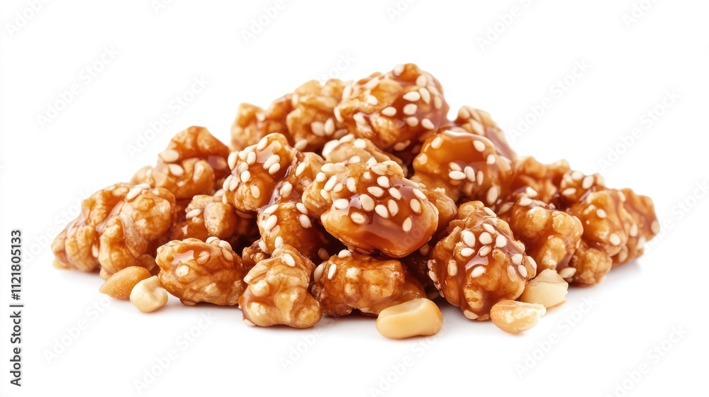 Poster savory caramel-coated peanuts with sesame seeds stacked on a white background for a delicious snack 