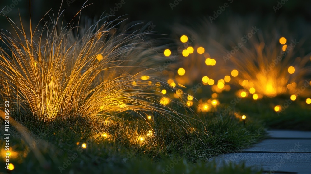 Poster Illuminated yellow garden lights creating a warm ambiance behind grass at night with a serene pathway and gentle bokeh effects.