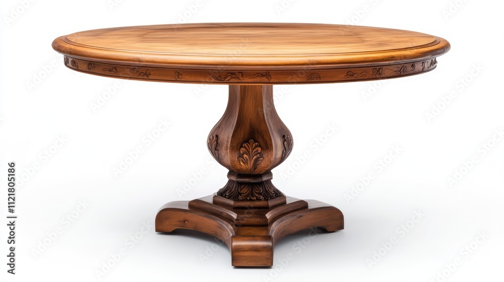 Poster Elegant round solid wood table with intricate carvings isolated on a white background showcasing craftsmanship and timeless design.