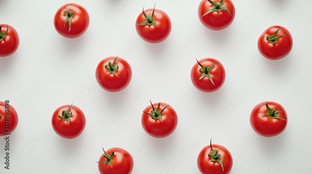 Poster fresh ripe tomatoes arranged symmetrically on a clean white background showcasing vibrant colors and