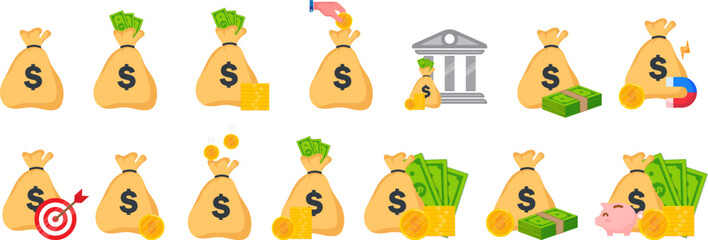 money bag icon collection with cash, coin, bank, magnet, target, planning for business and future