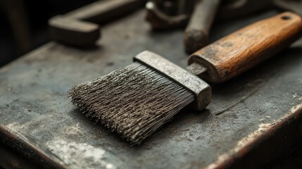 Closeup of a used wire brush tool with wooden handle on a weathered workbench ideal for metalworking and mechanical cleaning applications