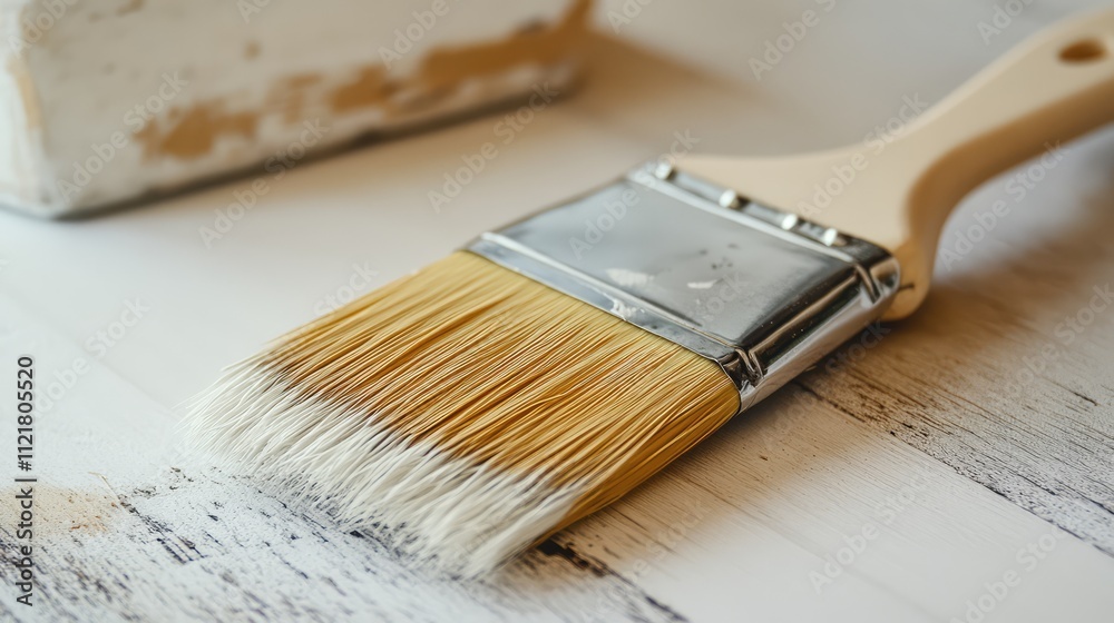 Poster close-up of a paint brush with soft bristles and wooden handle on a light wooden surface ideal for h