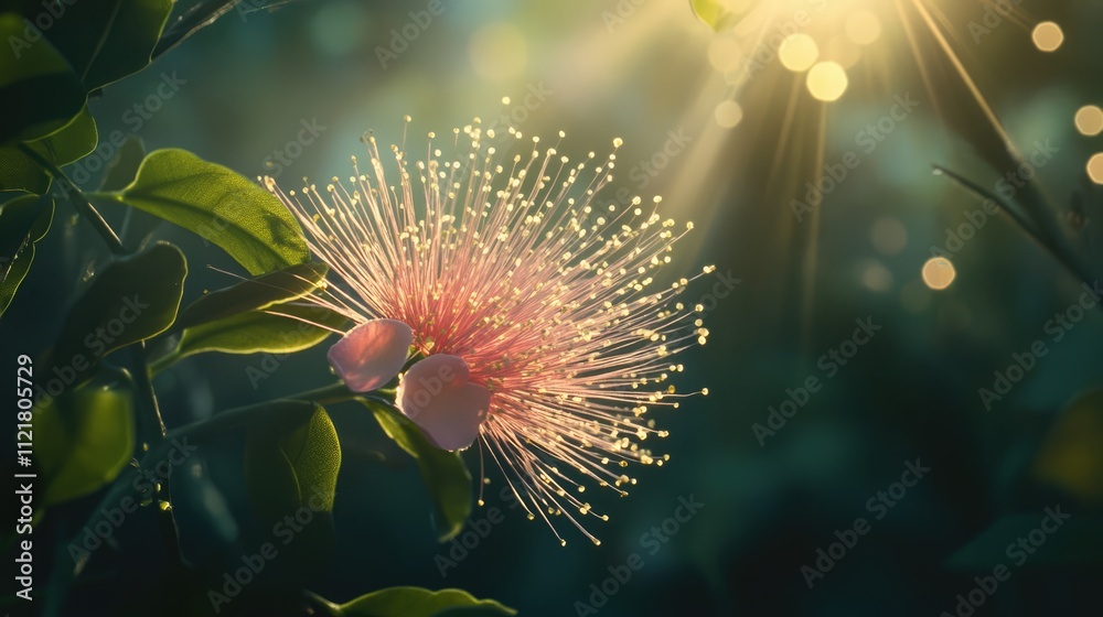 Poster Delicate Mimosa pudica flower illuminated by sunlight with bokeh effect in a serene garden setting ideal for natural background use