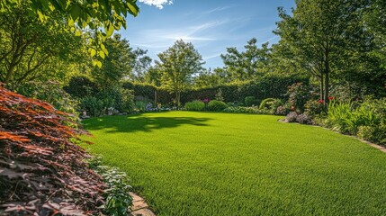 Naklejka premium Lush green garden landscape under clear blue sky with vibrant foliage and well-manicured grass in bright daytime setting
