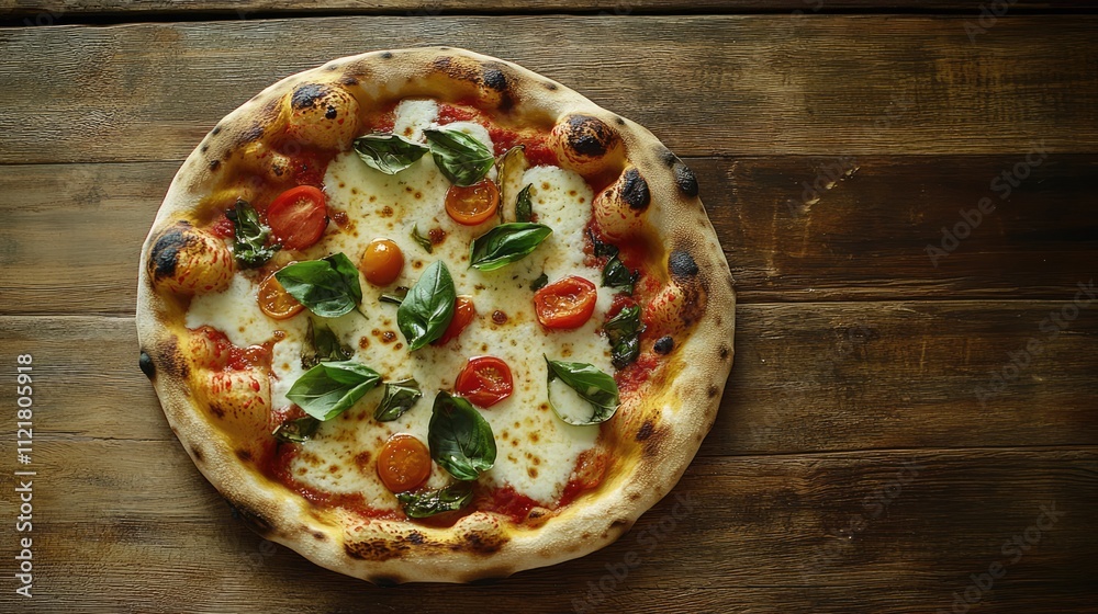 Poster delicious pizza topped with fresh vegetables and basil on rustic wooden surface