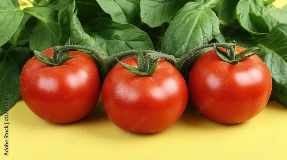 Poster three ripe tomatoes arranged on a vibrant yellow background complemented by fresh green leaves in a 