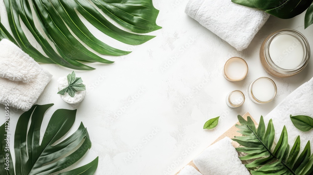 Aufkleber Spa essentials arrangement with towels and greenery on a light background creating a relaxing and tranquil atmosphere for wellness and beauty.