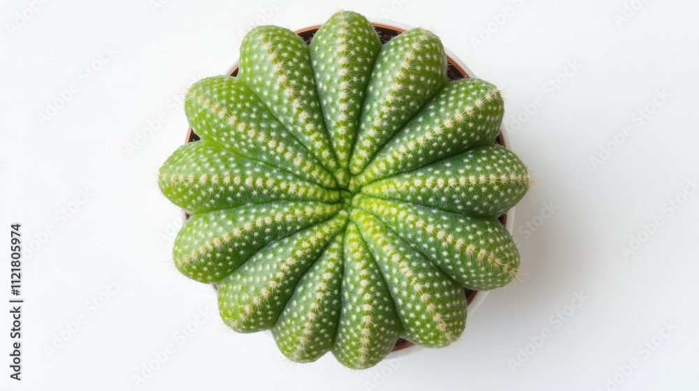 Poster top view of vibrant green cactus in pot on white desk background with ample copy space for gardening