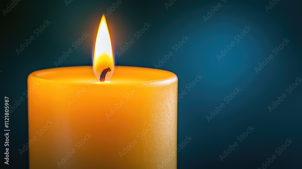 Poster close up of a flickering flame on a burning yellow candle with a blurred dark background creating a 