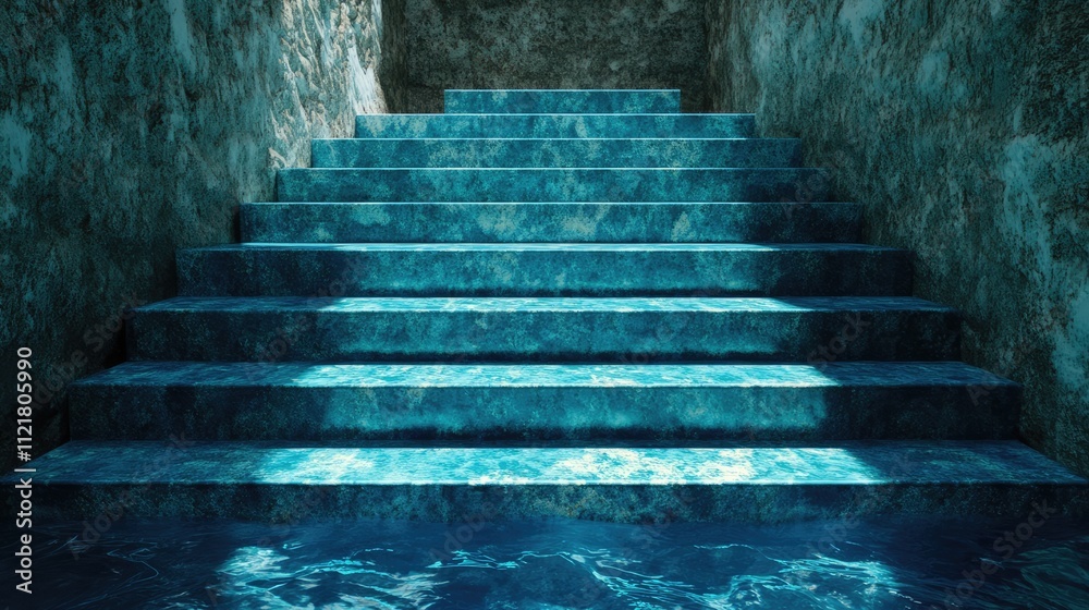 Poster Descent steps into a serene blue pool featuring square ceramic tiles with textured stone walls in the background for a tranquil atmosphere.