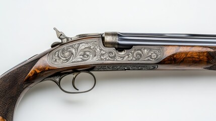Elegant vintage shotgun featuring intricate engravings and a classic pump action mechanism on a neutral background.