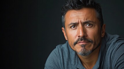 Fototapeta premium Hispanic male soccer coach in studio looking sideways with doubtful and skeptical expression.